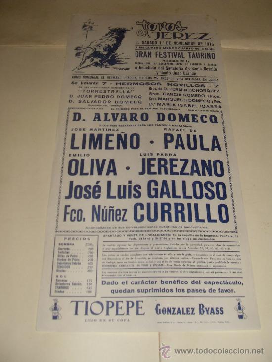 Stierkampf: CARTEL DE TOROS. PLAZA DE JEREZ. 1975. LIME&Ntilde;O, PAULA, OLIVA, JEREZANO, GALLOSO, CURRILLO.