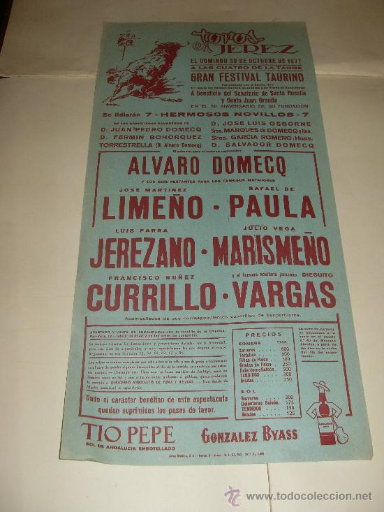 Stierkampf: CARTEL DE TOROS. PLAZA DE JEREZ. 1977. DOMECQ, LIME&Ntilde;O, PAULA, JEREZANO, MARISME&Ntilde;O, CURRILLO, VARGAS.