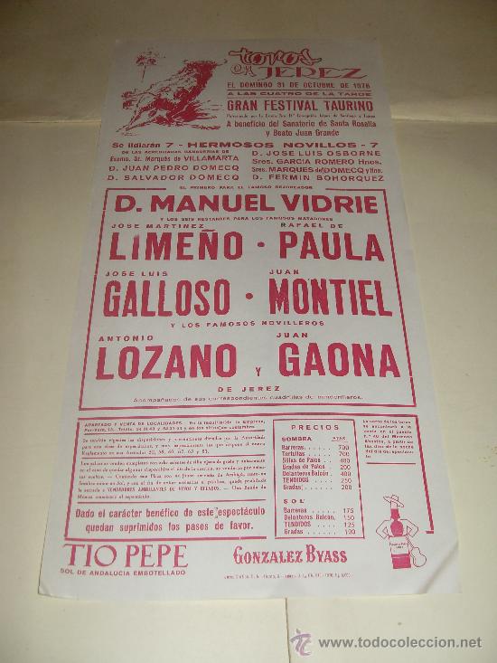 Stierkampf: CARTEL DE TOROS. PLAZA DE JEREZ. 1976. VIDRIE, LIME&Ntilde;O, PAULA, GALLOSO, MONTIEL, LOZANO, GAONA.