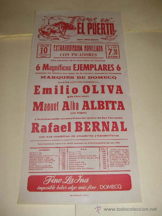 Stierkampf: CARTEL DE TOROS. PLAZA DEL PUERTO. 1983. EMILIO OLIVA, ALBITA, RAFAEL BERNAL.