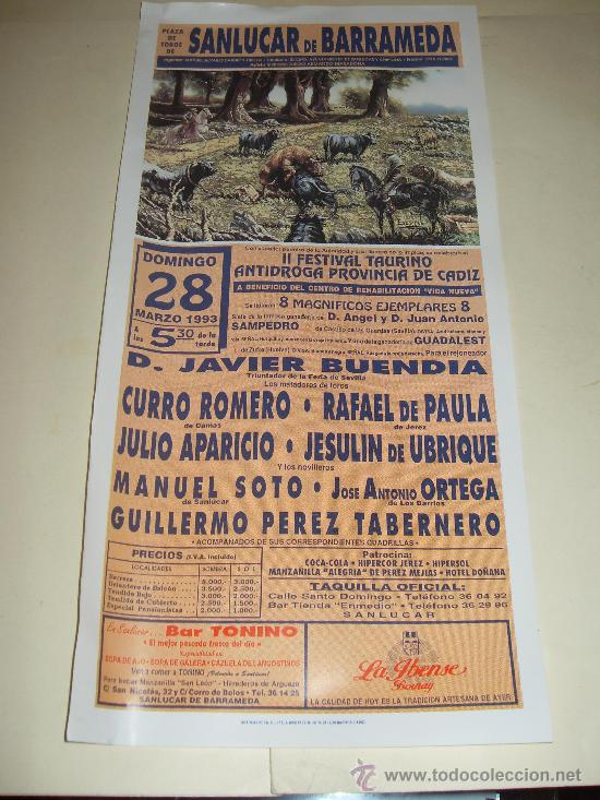 Stierkampf: CARTEL DE TOROS. PLAZA DE SANLUCAR DE BARRAMEDA. 1993. BUENDIA, ROMERO, PAULA, APARICIO, SOTO...