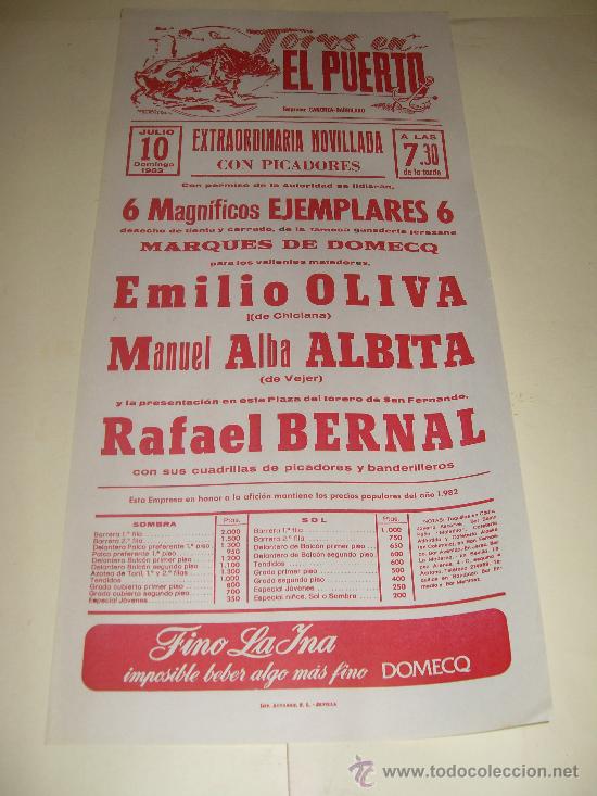 Stierkampf: CARTEL DE TOROS. PLAZA DEL PUERTO. 1983. EMILIO OLIVA, ALBITA, RAFAEL BERNAL.