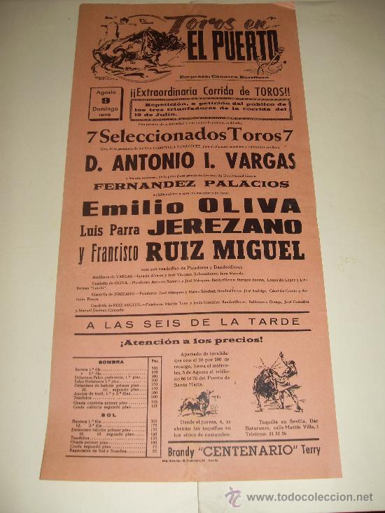 Bullfighting: CARTEL DE TOROS. PLAZA DEL PUERTO. 1970. VARGAS, OLIVA, JEREZANO, RUIZ MIGUEL.