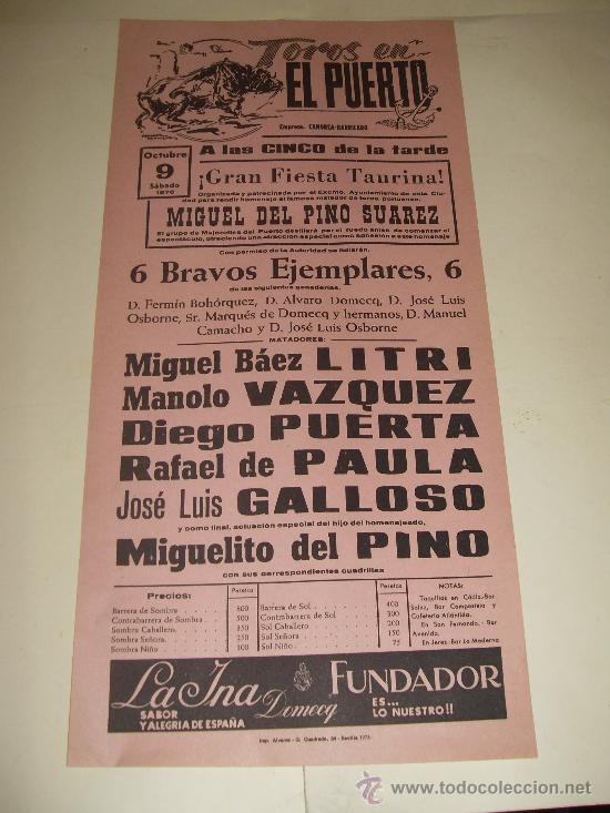Bullfighting: CARTEL DE TOROS. PLAZA DEL PUERTO. 1976. LITRI, VAZQUEZ, PUERTA, PAULA, GALLOSO, MIGUELITO DEL PINO.