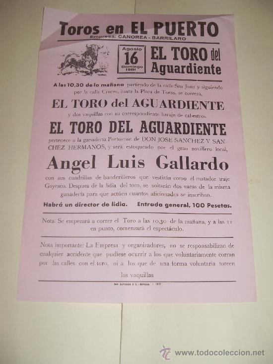 Bullfighting: CARTEL DE TOROS. PLAZA DEL PUERTO. 1981. ANGEL LUIS GALLARDO.
