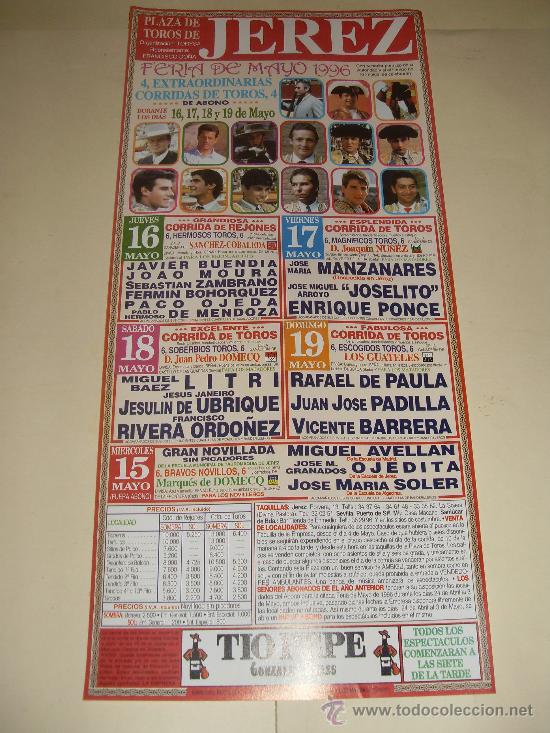 Tauromaquia: CARTEL DE TOROS. PLAZA DE JEREZ. 1996. BUENDIA, MOURA, ZAMBRANO, OJEDA, DE MENDOZA, MANZANARES...