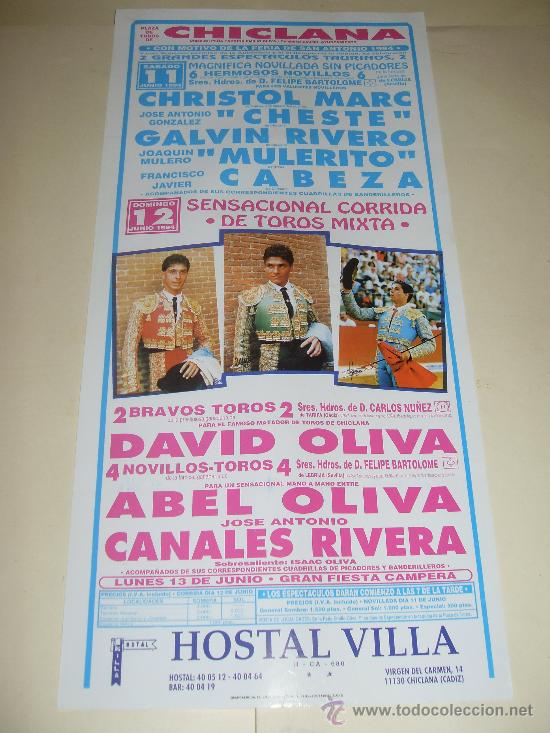 Tauromaquia: CARTEL DE TOROS. PLAZA DE CHICLANA. 1994. DAVID OLIVA, ABEL OLIVA, CANALES RIVERA...