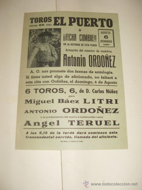 Tauromaquia: CARTEL DE TOROS PEQUE&Ntilde;O. PLAZA DEL PUERTO. 1967. LITRI, ORDO&Ntilde;EZ, TERUEL.