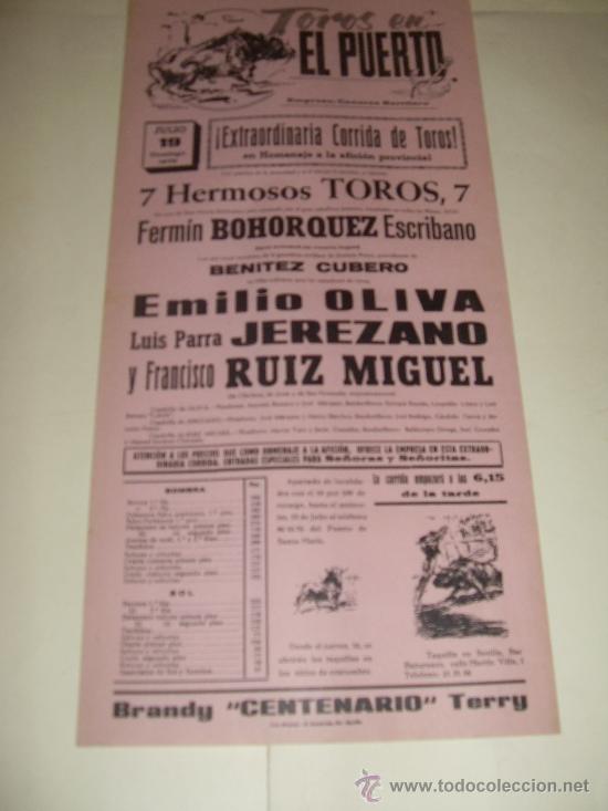 Tauromaquia: CARTEL DE TOROS. PLAZA DEL PUERTO. 1970. EMILIO OLIVA, JEREZANO, RUIZ MIGUEL.