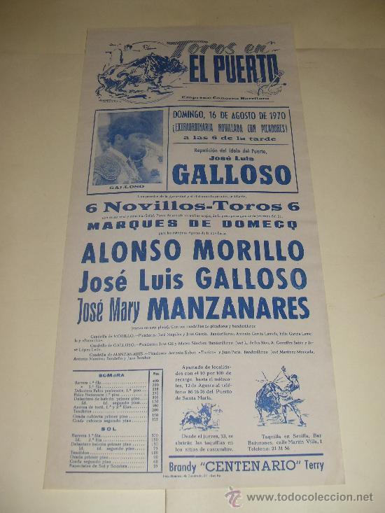 Stierkampf: CARTEL DE TOROS. PLAZA DEL PUERTO. 1970. GALLOSO, MORILLO, MANZANARES.