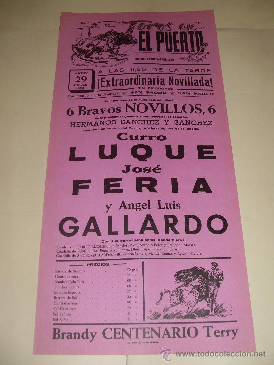 Stierkampf: CARTEL DE TOROS. PLAZA DEL PUERTO. 1972. LUQUE, FERIA, GALLARDO.