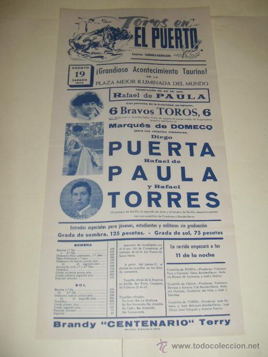 Stierkampf: CARTEL DE TOROS. PLAZA DEL PUERTO. 1972. PUERTA, PAULA, TORRES.