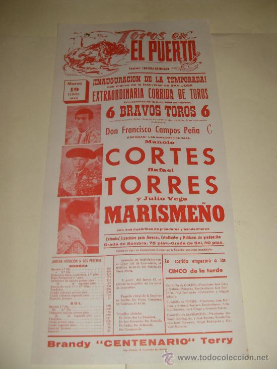 Stierkampf: CARTEL DE TOROS. PLAZA DEL PUERTO. 1973. CORTES, TORRES, MARISME&Ntilde;O.