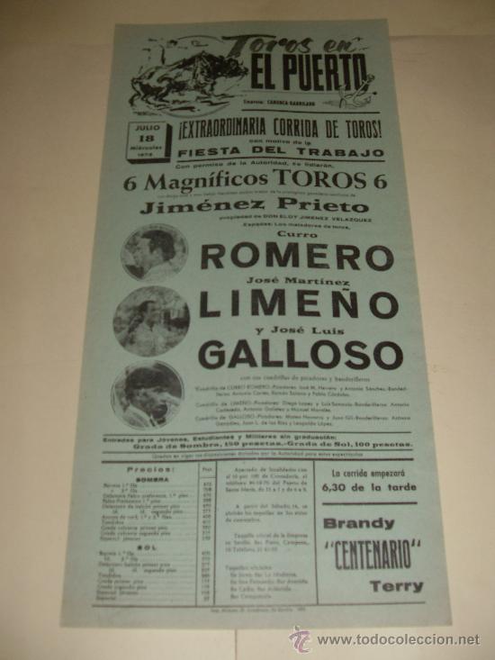 Stierkampf: CARTEL DE TOROS. PLAZA DEL PUERTO. 1973. ROMERO, LIME&Ntilde;O, GALLOSO.