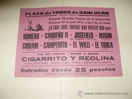 Stierkampf: CARTEL DE TOROS PEQUE&Ntilde;O. PLAZA DE SANLUCAR. 1971. ROMERO, CARDE&Ntilde;O II, MARIN, EL WILLI, CAMPERITO...