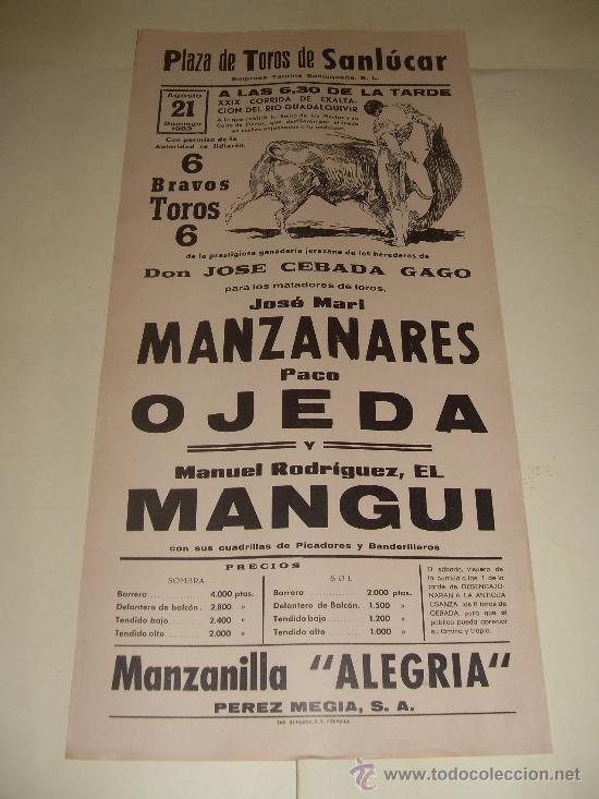 Stierkampf: CARTEL DE TOROS. PLAZA DE SANLUCAR. 1983. MANZANARES, OJEDA, EL MANGUI.
