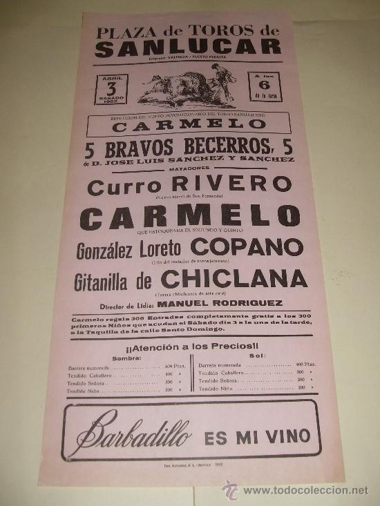 Stierkampf: CARTEL DE TOROS. PLAZA DE SANLUCAR. 1982. RIVERO, CARMELO, COPANO, GITANILLA DE CHICLANA.