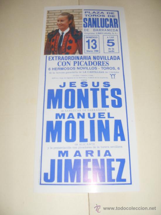 Stierkampf: CARTEL DE TOROS PEQUE&Ntilde;O. PLAZA DE SANLUCAR. 1988. MONTES, MOLINA, JIMENEZ.