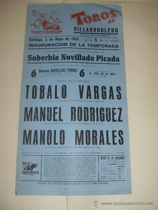 Stierkampf: CARTEL DE TOROS. PLAZA DE VILLARROBLEDO. 1969. TOBALO VARGAS, MANUEL RODRIGUEZ, MANOLO MORALES.