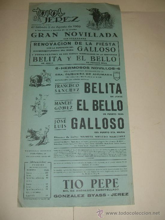Stierkampf: CARTEL DE TOROS. PLAZA DE JEREZ. 1969. BELITA, EL BELLO, GALLOSO.