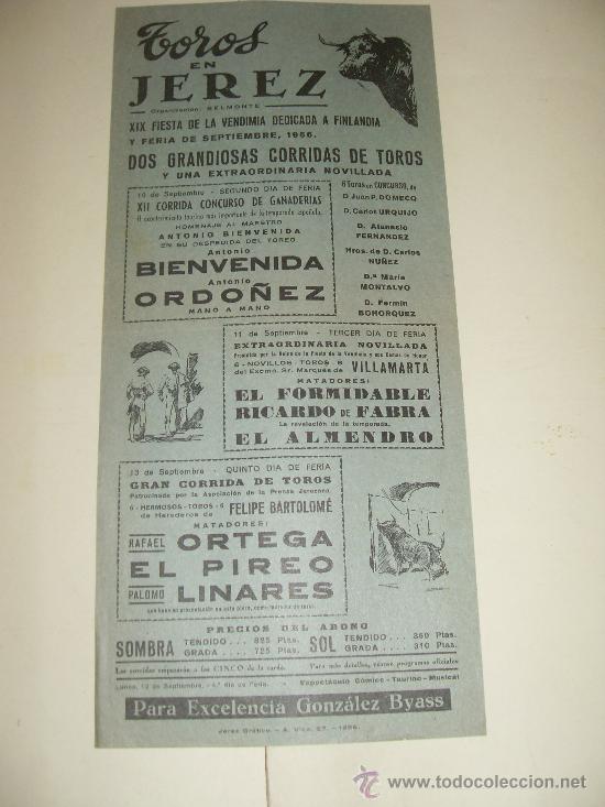 Stierkampf: CARTEL DE TOROS. PLAZA DE JEREZ. 1966. BIENVENIDA, ORDO&Ntilde;EZ, EL ALMENDRO, ORTEGA, LINARES...