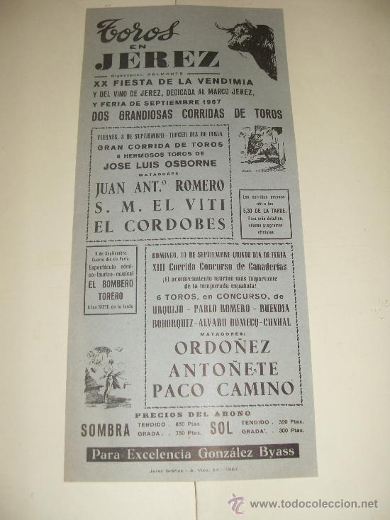 Stierkampf: CARTEL DE TOROS. PLAZA DE JEREZ. 1967. ROMERO, EL VITI, EL CORDOBES, ORDO&Ntilde;EZ, ANTO&Ntilde;ETE, CAMINO.