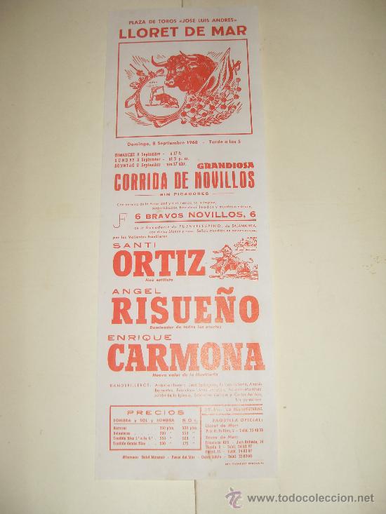Stierkampf: CARTEL DE TOROS. PLAZA DE LLORET DE MAR. 1968. ORTIZ, RISUE&Ntilde;O, CARMONA.