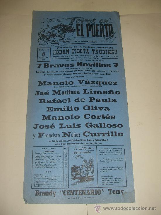 Stierkampf: CARTEL DE TOROS. PLAZA DEL PUERTO. 1973. MANOLO VAZQUEZ, LIME&Ntilde;O, PAULA, OLIVA, CORTES, GALLOSO...