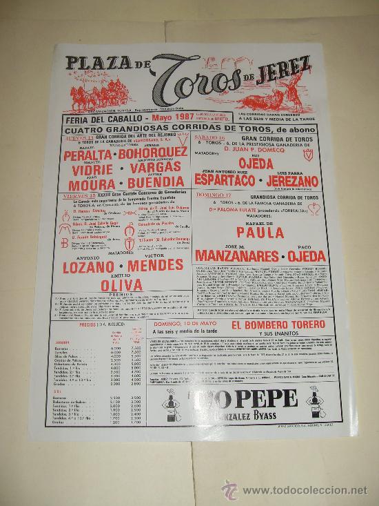 Stierkampf: CARTEL DE TOROS. PLAZA DE JEREZ. 1987. PERALTA, BOHORQUEZ, VIDRIE, VARGAS, MOURA, BUENDIA...