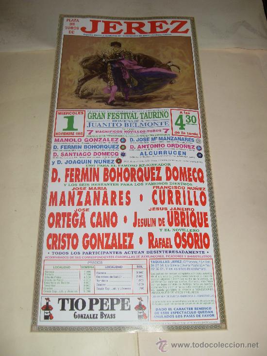 Tauromachia: CARTEL DE TOROS. PLAZA DE JEREZ. 1995. MANZANARES, ORTEGA CANO, CRISTO GONZALEZ, OSORIO, UBRIQUE...