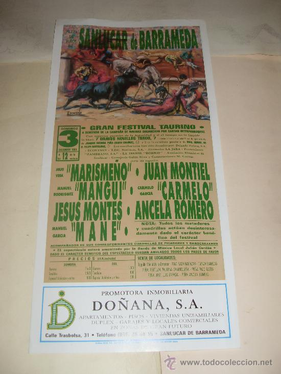 Tauromachia: CARTEL DE TOROS. PLAZA DE SANLUCAR. 1989. MARISME&Ntilde;O, MANGUI, MONTES, MANE, MONTIEL, CARMELO, ROMERO.