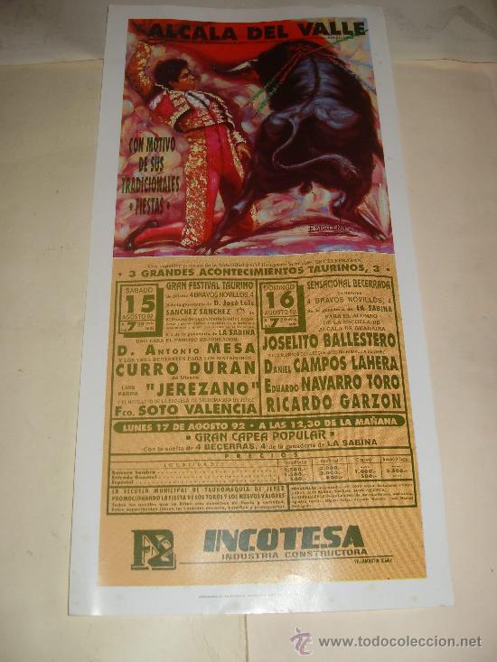 Tauromachia: CARTEL DE TOROS. PLAZA DE ALCALA DEL VALLE. 1992. MESA, DURAN, JEREZANO, GARZON, NAVARRO TORO...