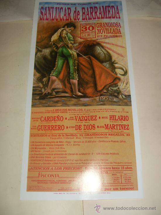 Tauromachia: CARTEL DE TOROS. PLAZA DE SANLUCAR DE BARRAMEDA. 1990. CARDE&Ntilde;O, GUERRERO, VAZQUEZ, DE DIOS...