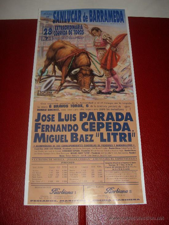 Stierkampf: CARTEL DE TOROS. PLAZA DE SANLUCAR. 1989. PARADA, CEPEDA, LITRI.