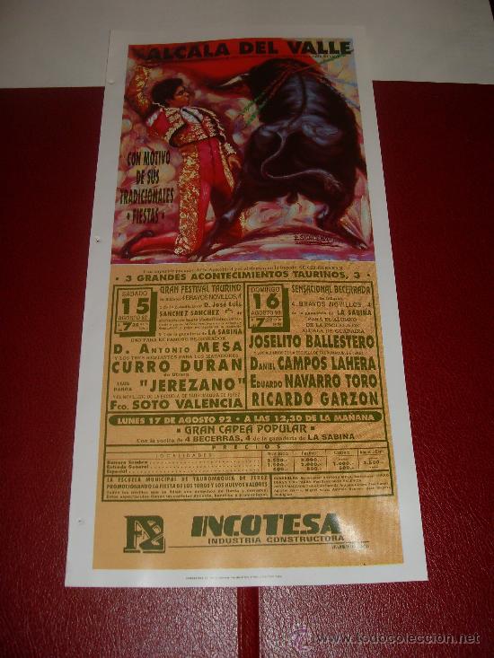 Stierkampf: CARTEL DE TOROS. PLAZA DE ALCALA DEL VALLE. 1992. MESA, DURAN, JEREZANO, SOTO VALENCIA, GARZON...