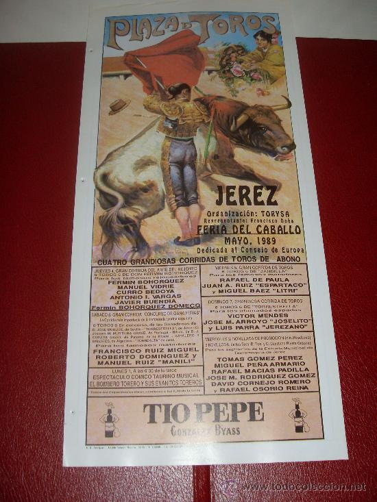 Stierkampf: CARTEL DE TOROS. PLAZA DE JEREZ. 1989. BOHORQUEZ, VIDRIE, BEDOYA, VARGAS, BUENDIA, LITRI, MENDES...