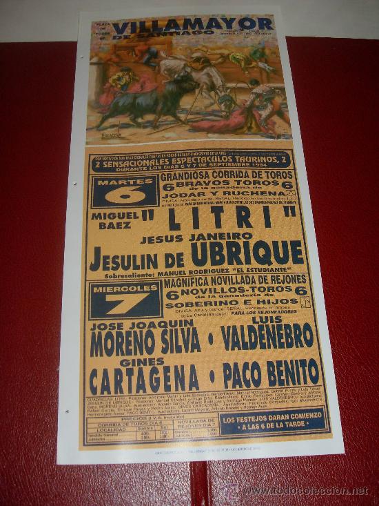 Tauromachie: CARTEL DE TOROS. PLAZA DE VILLAMAYOR DE SANTIAGO. 1994. LITRI, UBRIQUE, MORENO SILVA, CARTAGENA...