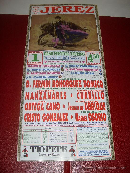Tauromachie: CARTEL DE TOROS. PLAZA DE JEREZ. 1995. BOHORQUEZ DOMECQ, MANZANARES, CURRILLO, ORTEGA CANO...