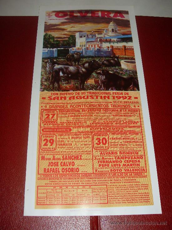Tauromachie: CARTEL DE TOROS. PLAZA DE OLVERA. 1992. SANCHEZ, JOSE CALVO, OSORIO, CEPEDA, CAMPUZANO, MARTIN...