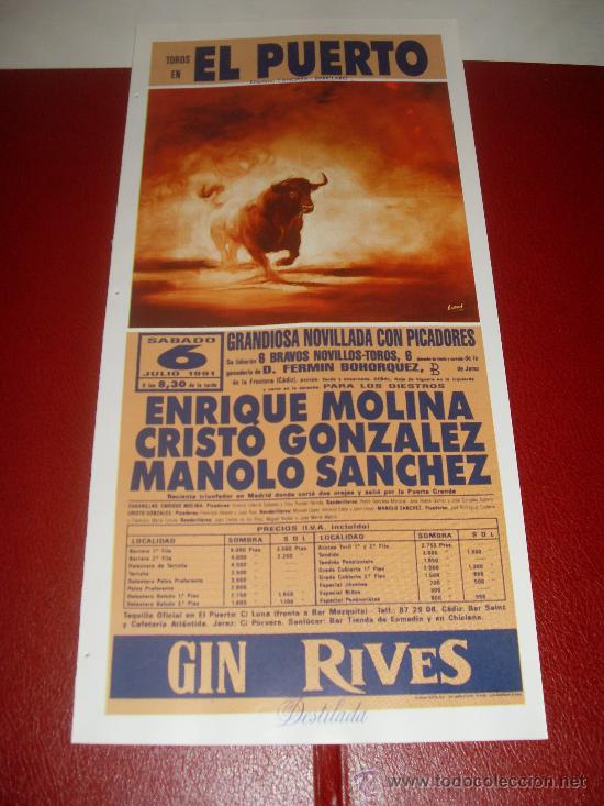 Tauromachie: CARTEL DE TOROS. PLAZA DEL PUERTO. 1991. ENRIQUE MOLINA, CRISTO GONZALEZ, MANOLO SANCHEZ.