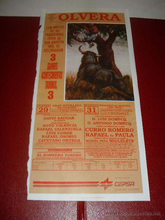 Tauromachie: CARTEL DE TOROS. PLAZA DE OLVERA. 1991. VALENCIA, VALENZUELA, CONDE, OSORIO, ORTEGA, ROMERO, PAULA..