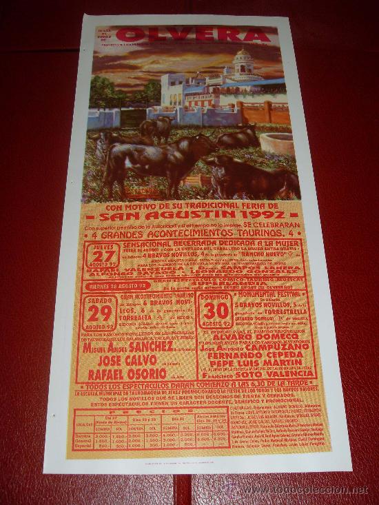 Tauromachie: CARTEL DE TOROS. PLAZA DE OLVERA. 1992. SACHEZ, JOSE CALVO, CEPEDA, MARTIN, CAMPUZANO...