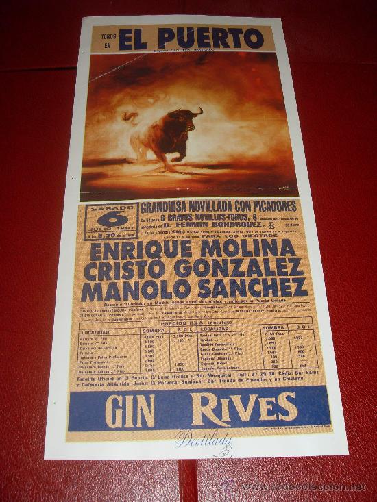 Tauromachie: CARTEL DE TOROS. PLAZA DEL PUERTO. 1991. ENRIQUE MOLINA, CRISTO GONZALEZ, MANOLO SANCHEZ.