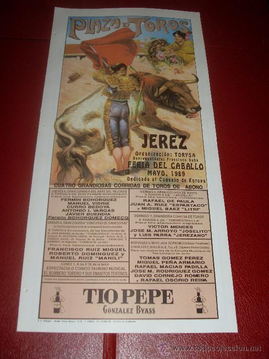 Tauromaquia: CARTEL DE TOROS. PLAZA DE JEREZ. 1989. BOHORQUEZ, VIDRIE, BEDOYA, VARGAS, BUENDIA, ESPARTACO...
