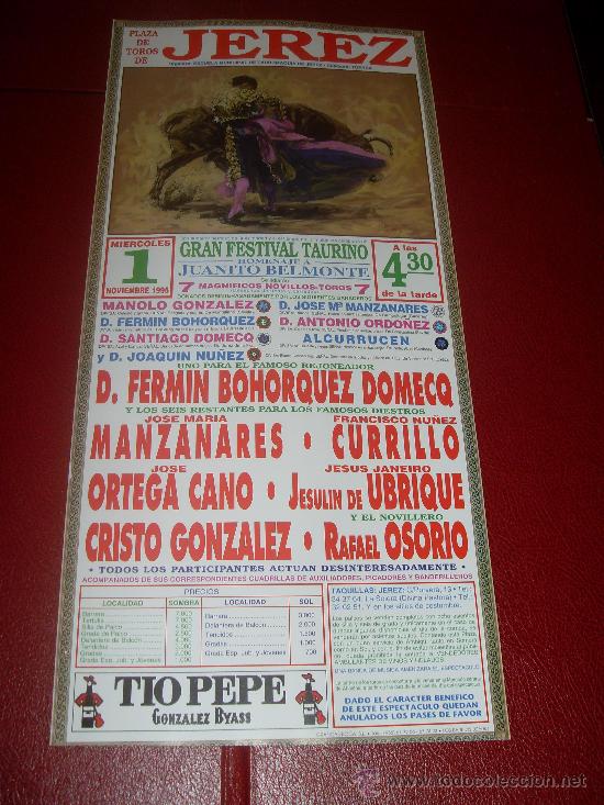 Tauromaquia: CARTEL DE TOROS. PLAZA DE JEREZ. 1995. BOHORQUEZ DOMECQ, MANZANARES, CURRILLO, ORTEGA CANO...