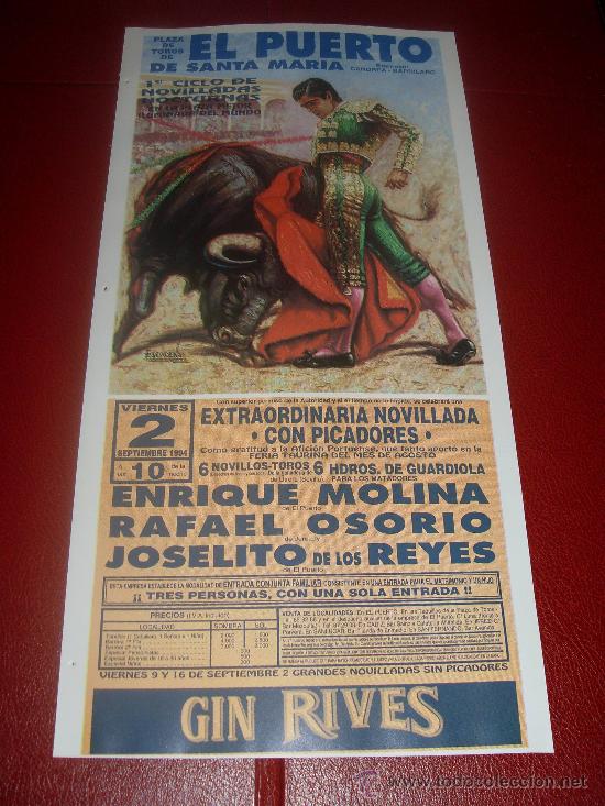 Tauromachia: CARTEL DE TOROS. PLAZA DEL PUERTO. 1994. MOLINA, OSORIO, DE LOS REYES.