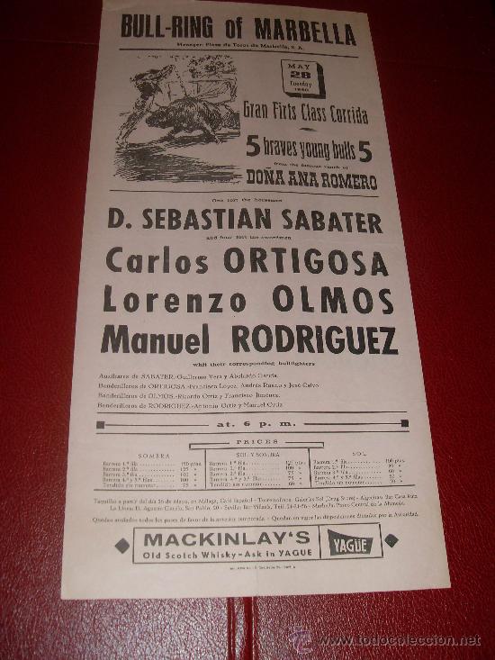 Tauromachie: CARTEL DE TOROS. PLAZA DE MARBELLA. 1968. SABATER, ORTIGOSA, OLMOS, RODRIGUEZ.
