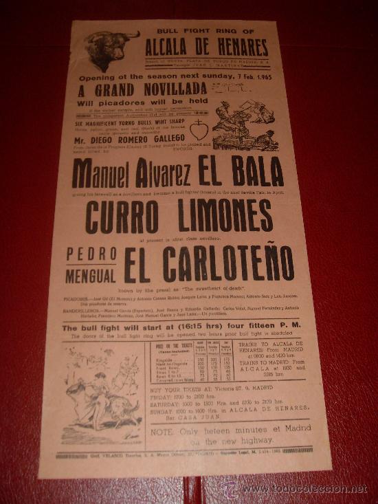 Tauromachie: CARTEL DE TOROS. PLAZA DE ALCALA DE HENARES. 1965. EL BALA, CURRO LIMONES, EL CARLOTE&Ntilde;O.