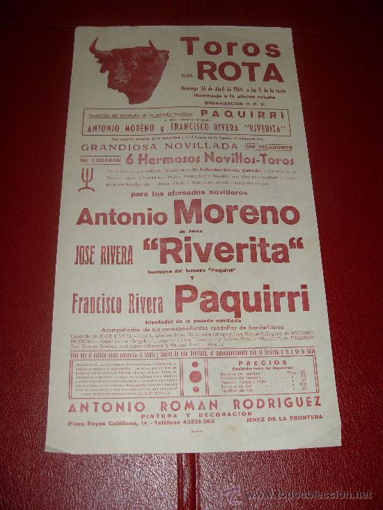 Tauromachie: CARTEL DE TOROS. PLAZA DE ROTA. 1964. PAQUIRRI, RIVERITA, MORENO.