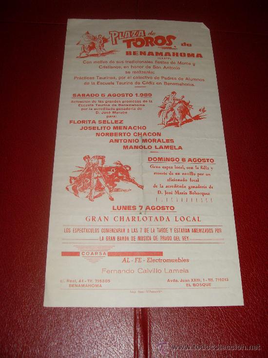 Tauromachie: CARTEL DE TOROS PEQUE&Ntilde;O. PLAZA DE BENAMAHOMA. 1989. SELLEZ, MENACHO, CHACON, MORALES, LAMELA.